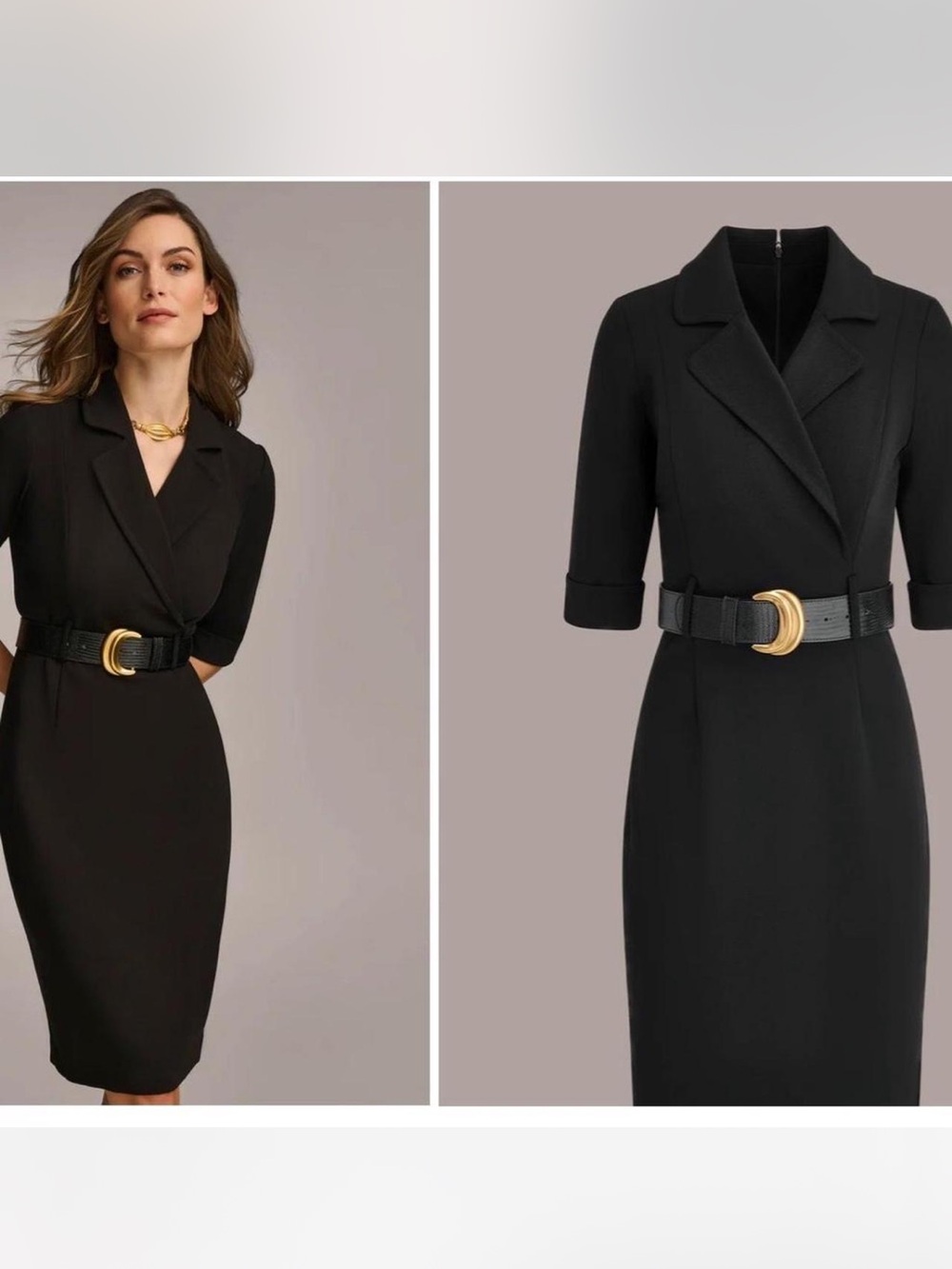 Donna Karan Black Midi Sheath Dress with Gold Buckle